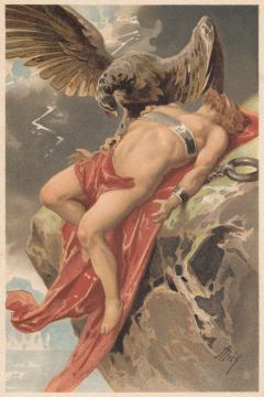 Prometheus, tormented by an eagle, Greek Mythology, lithograph, published 1897 