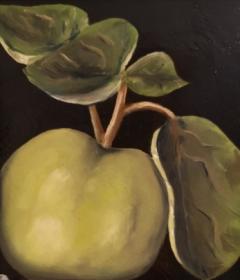Painting of a Green Apple on a black background. 
