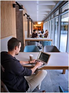 male student in library on laptop