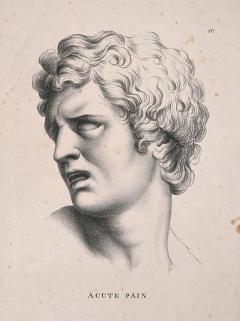 Photograph of a drawing of the head and neck of a person. The person is grimacing in pain and the text underneath the image says