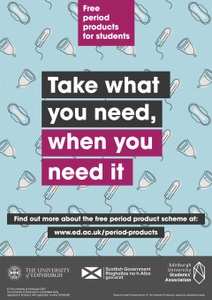 Image of period products with words 'take what you need, when you need it'