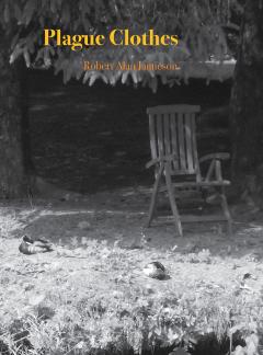 The front cover of a book called Plague Clothes showing an empty chair in a leafy garden