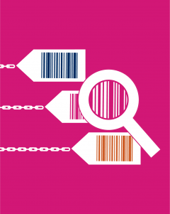 Magnifying glass looking at bar codes on shopping tags attached to chains
