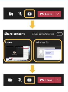 Image showing the steps for sharing your screen or window during a Teams meeting