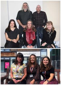 Top image contains 2 men standing behind 3 seated women, they are the 4 student support tutors and the Senior Academic Tutor. The bottom image has the 3 student advisers.
