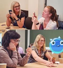 Two images, showing teachers playing the supercytes card game