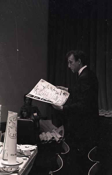 Daniel Spoerri reading from his menu for The Banana Trap Dinner in C.26, the old Boardroom of ECA (23 August 1970). Photo