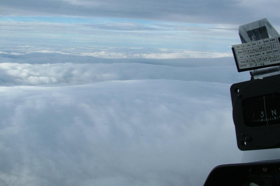 Cockpit view of rolls of cloud formed in mountain wave, from the ECO-Dimona, Scottish Highlands