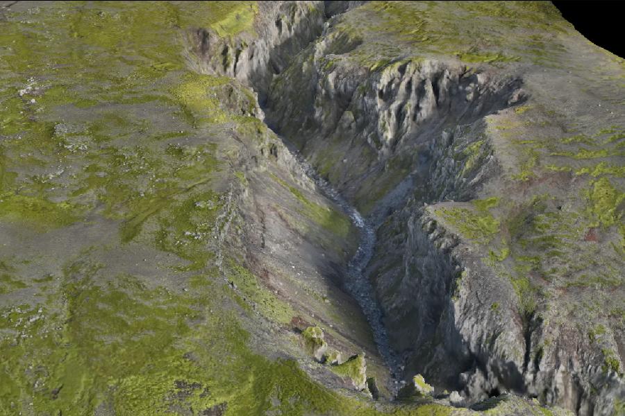 mid-zoom view of a 3D point cloud of gorge in iceland