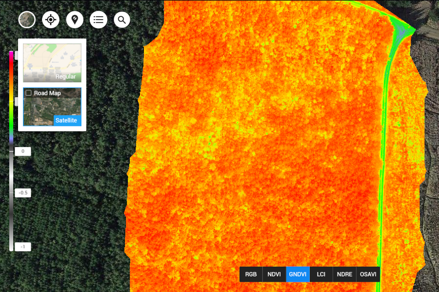 Screenshot of a forest seen as a map of GNDVI vegetation index
