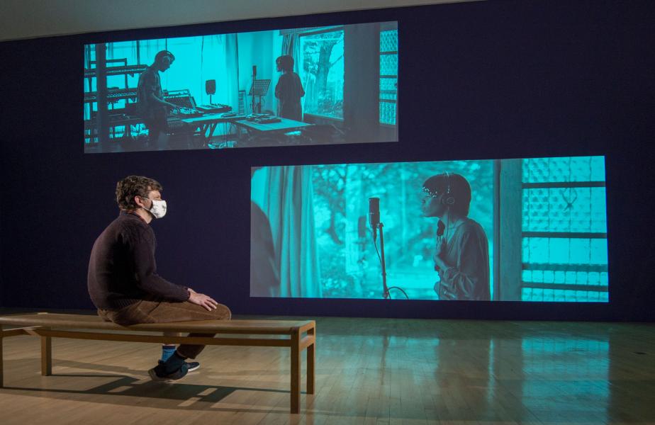 Gabrielle Goliath. This song is for ...  Projection with dual stereo audio. Pictured – James Clegg, Curator at Talbot Rice Galle