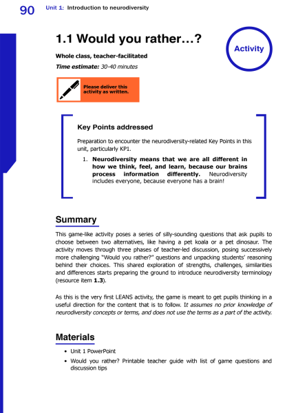 Image of a text-heavy PDF page from the LEANS resource pack. Title says: "Would you rather" and resource type is "activity".