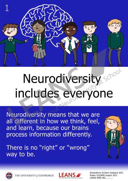 Diverse group of school children standing in front of a drawing of a brain and one girl standing on her own. Title reads: "Neurodiversity includes everyone."