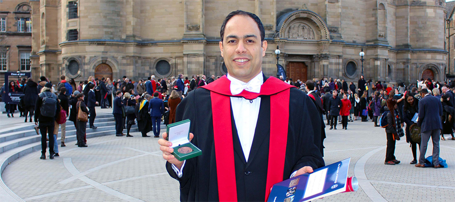 Dr Abdullah Aly Alkalaly first graduate of the Doctor of Dentistry at University of Edinburgh poses outside McEwan Hall