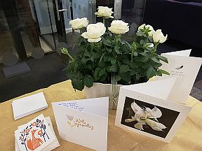 Flowers and cards for Jake in New College Reception