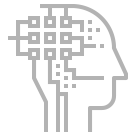 Grey illustration of human head with microchip for brain to represent artificial intelligence