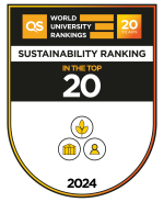Badge graphic, reading: QS World University Rankings 20 years. Sustainability ranking in the top 20, 2024